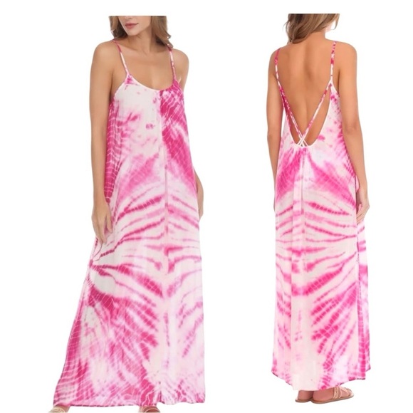 Raviya Other - Raviya Tie - Dye Maxi Magenta White Gauze Criss Cross Back Flowy Cover Up Dress